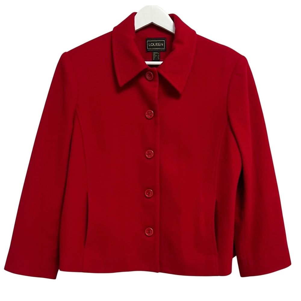 Louben Jacket Womens 14 Red Wool Button Front Collared Lined Short Blazer‎ Work